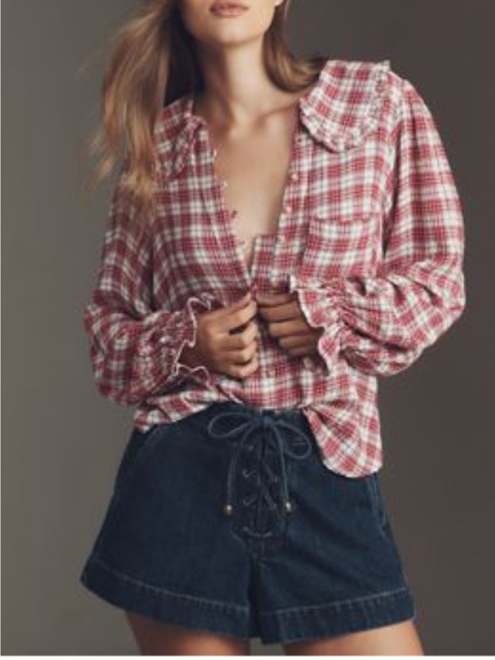 Anthropologie Red and White Plaid Button-Down Peasant Blouse